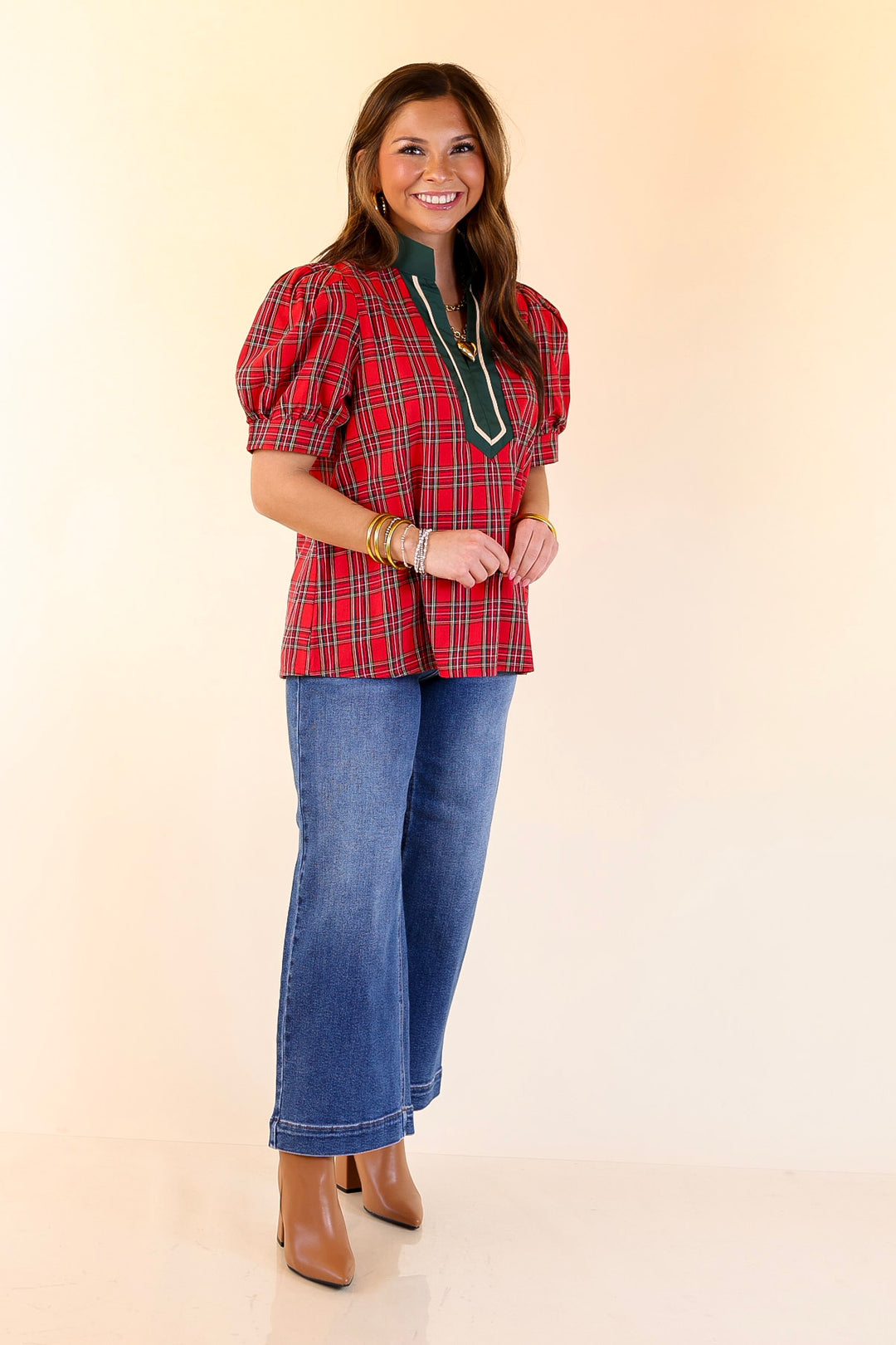 Chic Statement V Neck Plaid Top with Short Balloon Sleeves and Green Trim in Red