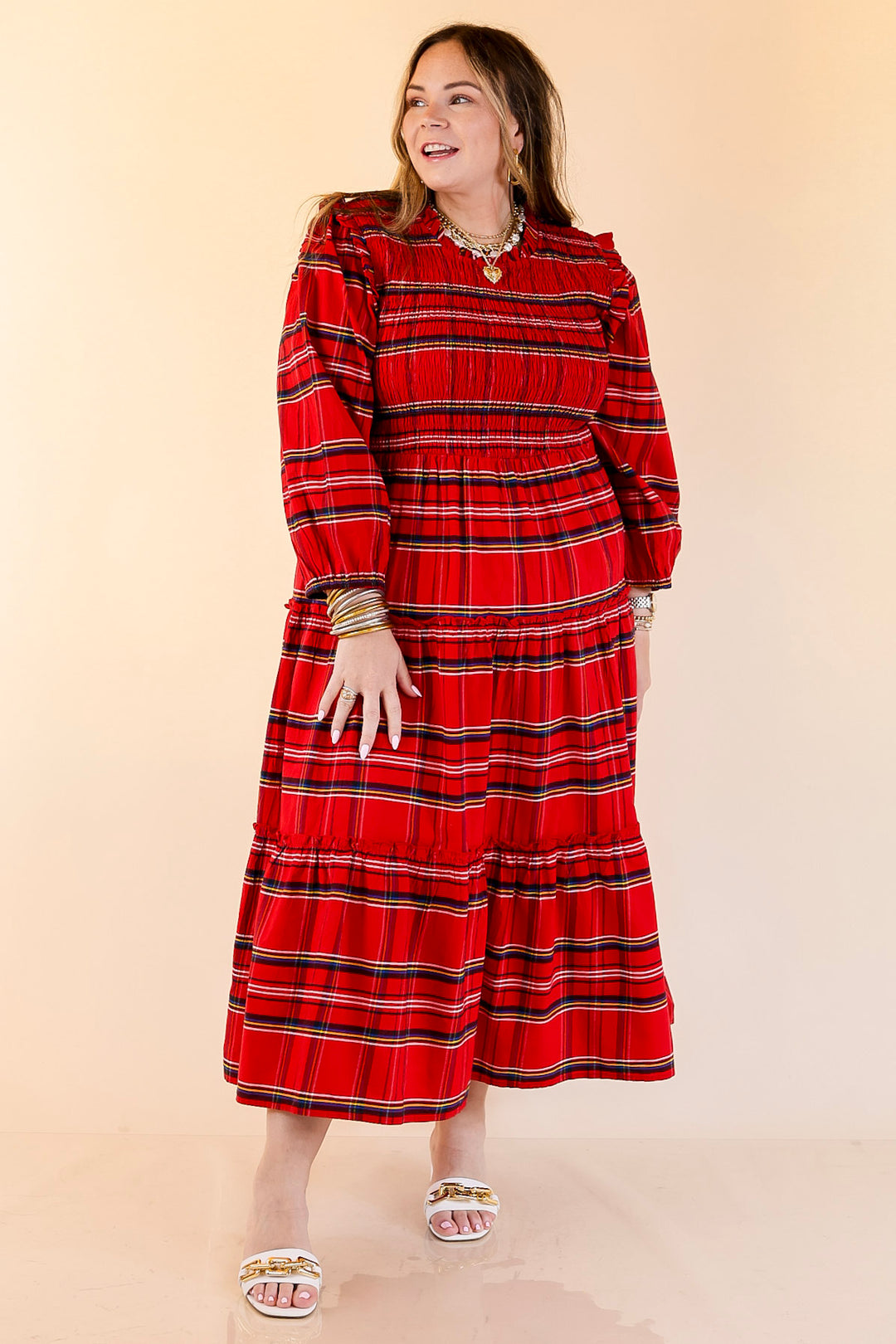 Mud Pie | Walton Smocked Bodice Long Sleeve Plaid Midi Dress with Tiered Skirt in Red