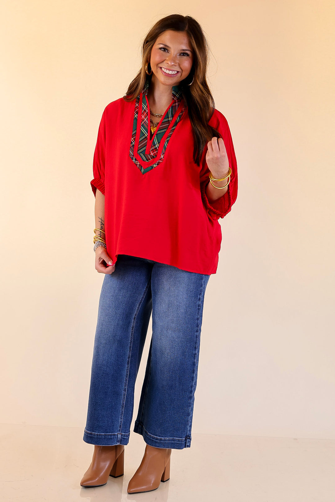 Naturally Stylish Poncho Top with Green Plaid Trim in Red