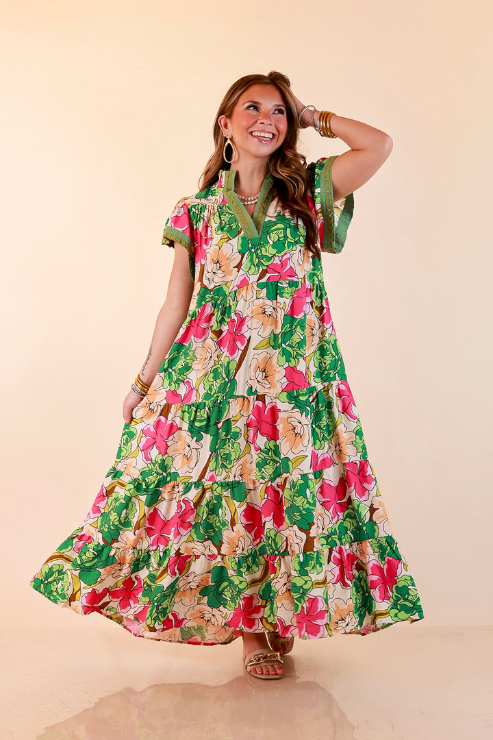 Spring Symphony Floral Print Tiered Midi Dress with Flutter Sleeves in Pink and Green
