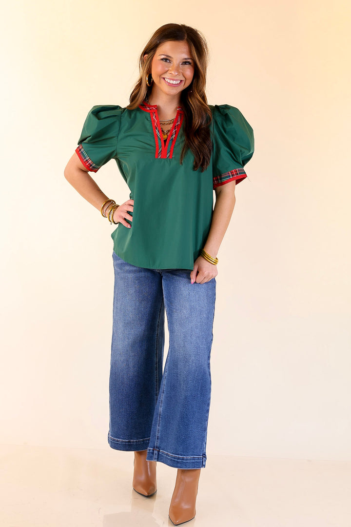 Commanding Style V Neck Top with Short Balloon Sleeves and Plaid Trim in Hunter Green