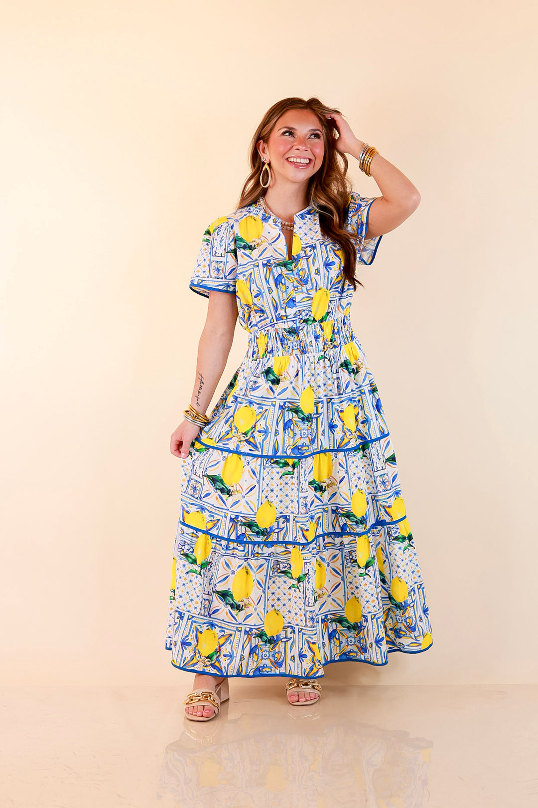 Villa Views Lemon and Tile Abstract Print Tiered Midi Dress in Blue and Yellow