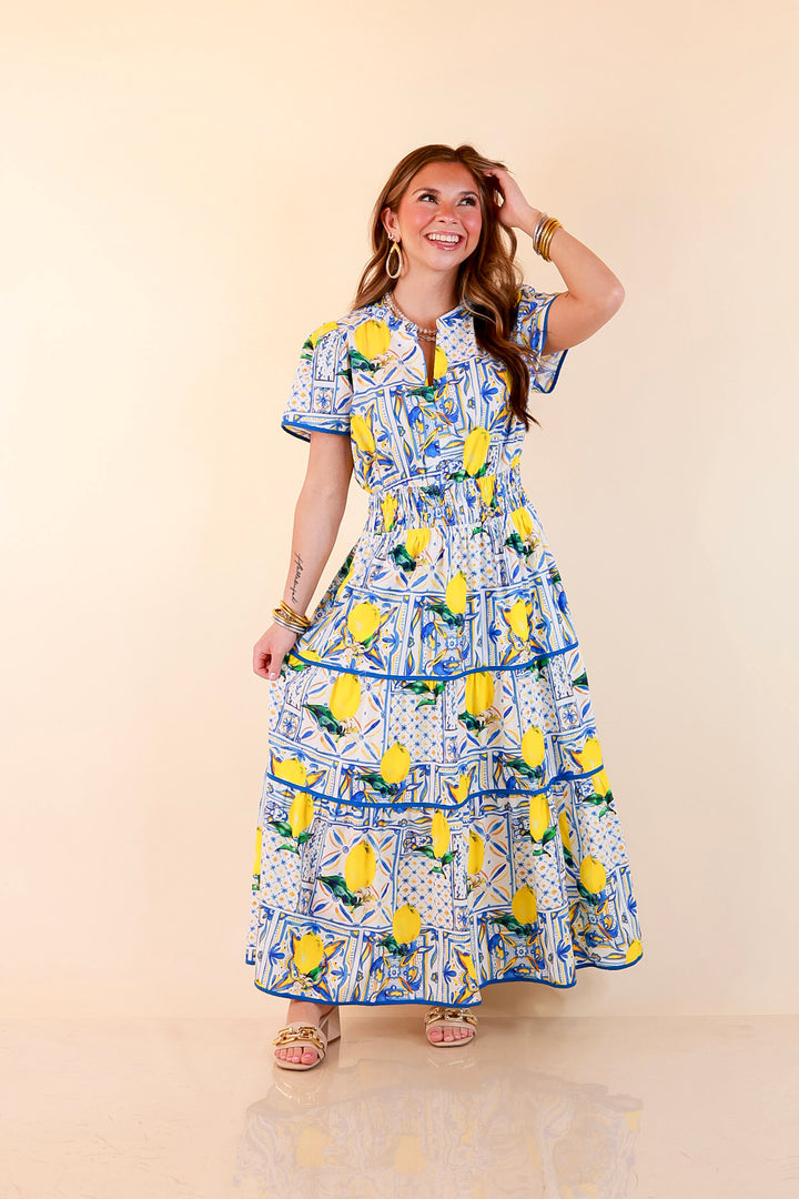 Villa Views Lemon and Tile Abstract Print Tiered Midi Dress in Blue and Yellow