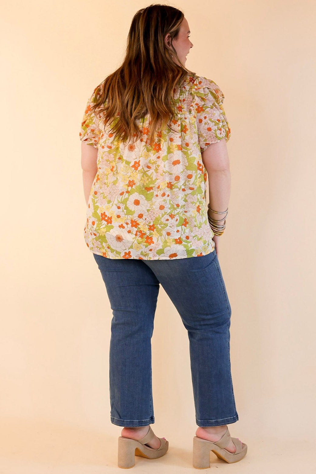 Daily Basis Front Keyhole Floral Top in Ivory and Green