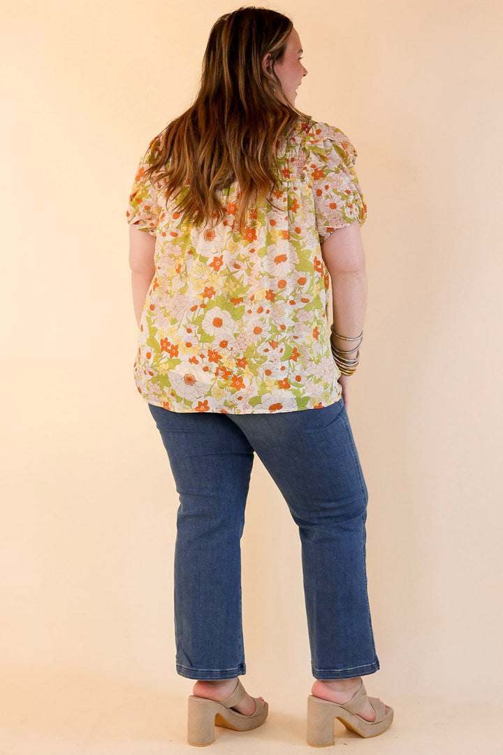 Daily Basis Front Keyhole Floral Top in Ivory and Green