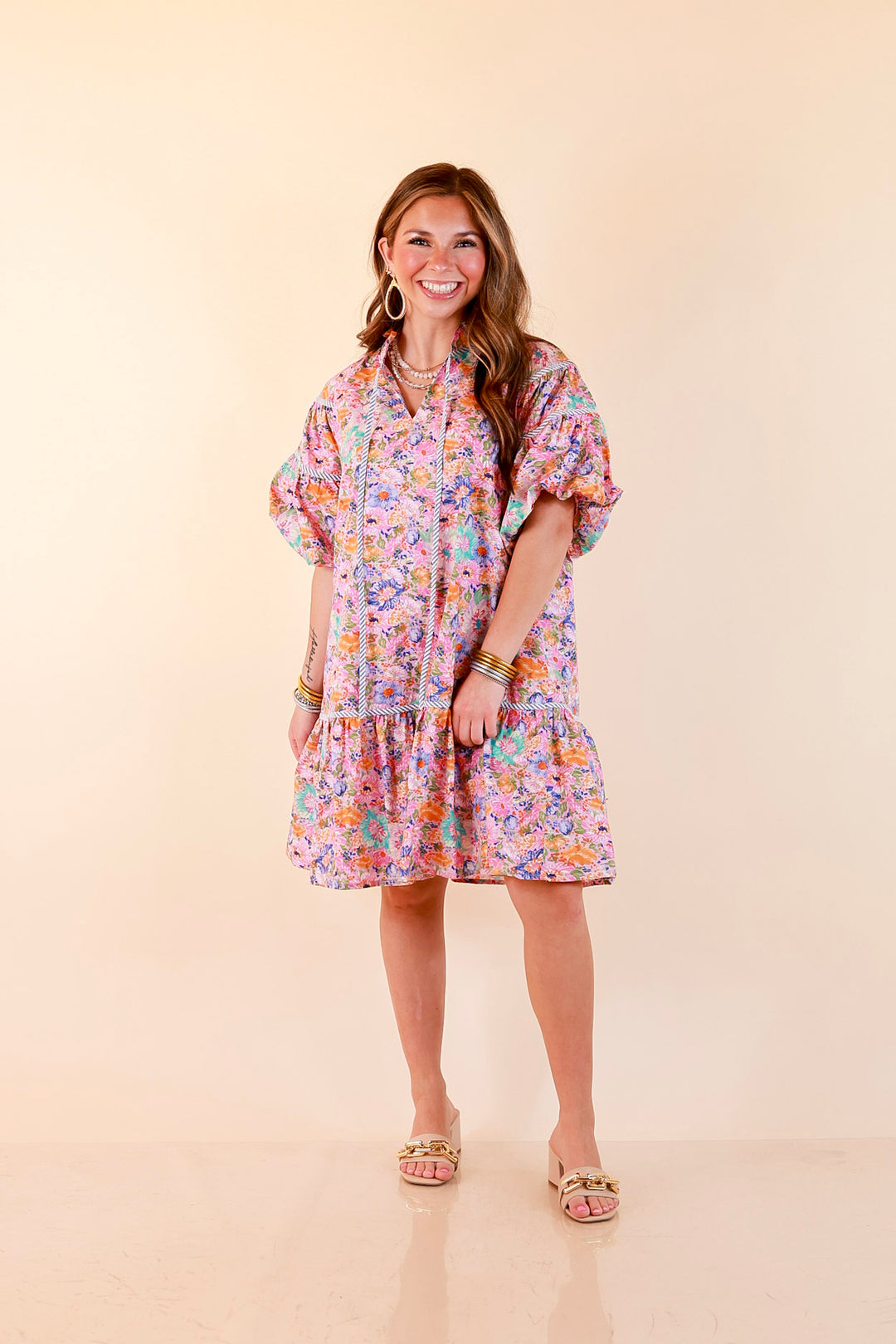 Darling Detail Floral Print Drop Waist Mini Dress with Contrast Trim in Pink Multi