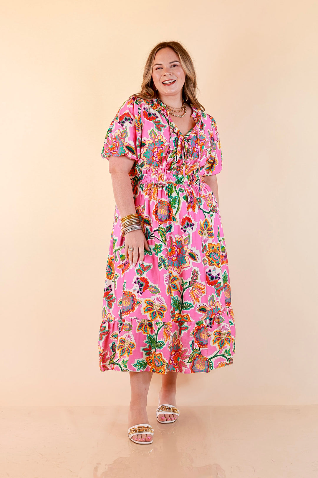 Color Me Happy Floral Print Midi Dress with Tie Neckline and Puff Sleeves in Pink