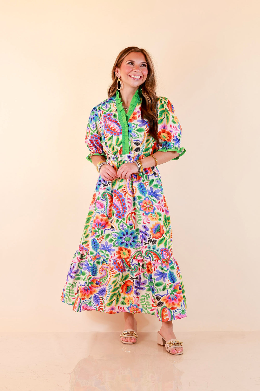 Gracefully Yours Floral and Paisley Print Midi Dress with Contrast Ruffle Trim in Ivory