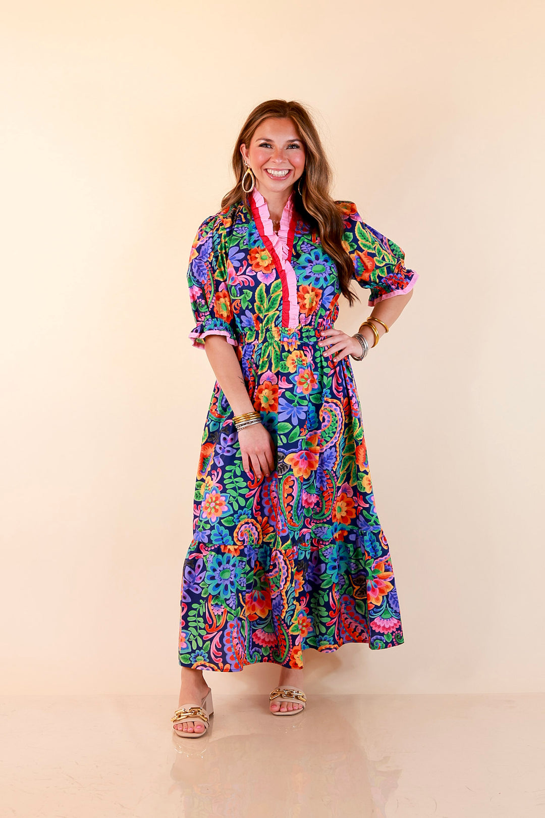 Gracefully Yours Floral and Paisley Print Midi Dress with Contrast Ruffle Trim in Navy Blue