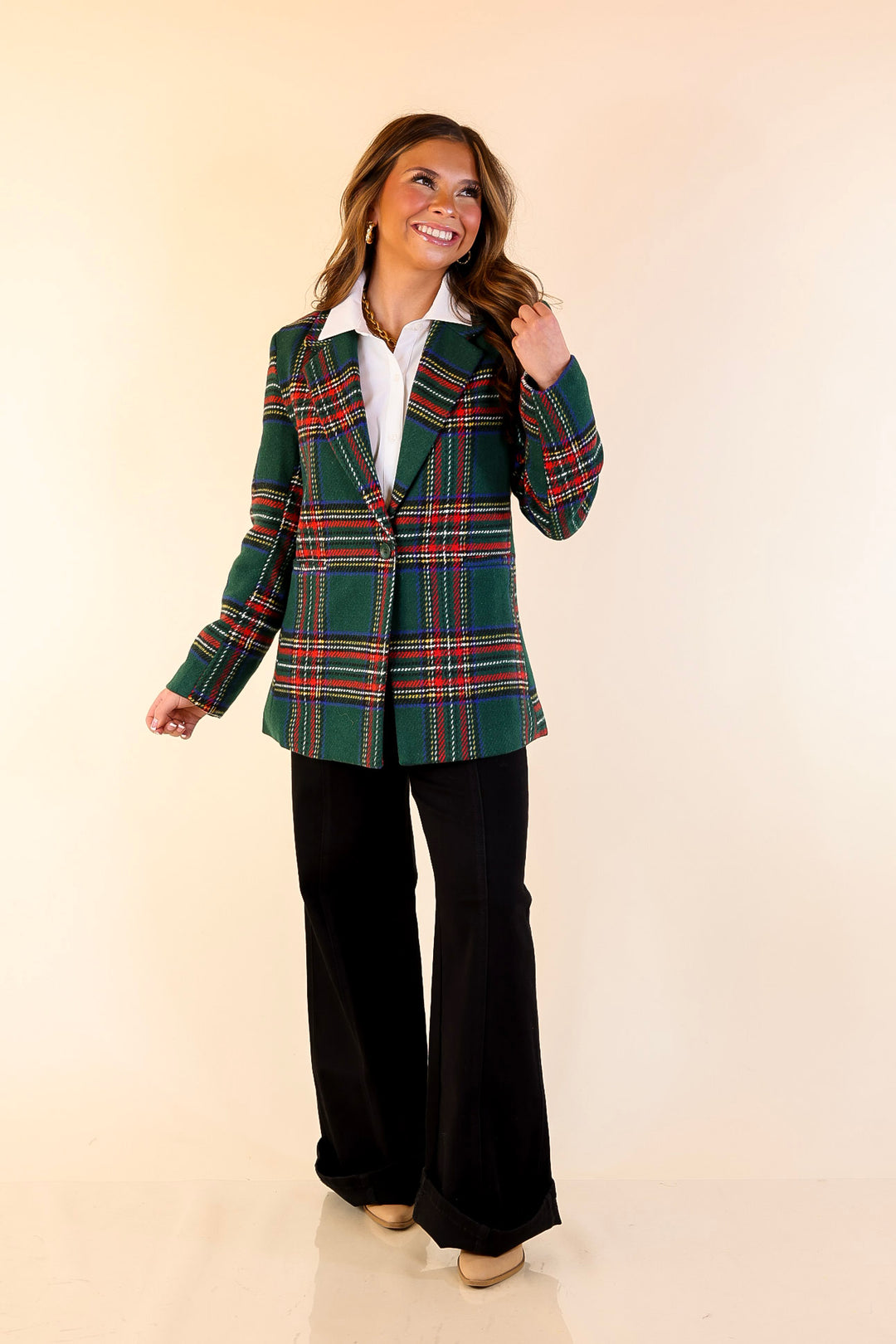 Charmed for the Season Long Sleeve Tartan Plaid Blazer in Green