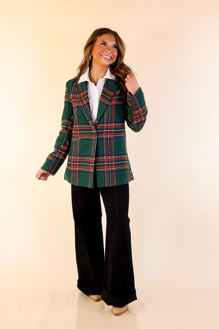 Charmed for the Season Long Sleeve Tartan Plaid Blazer in Green