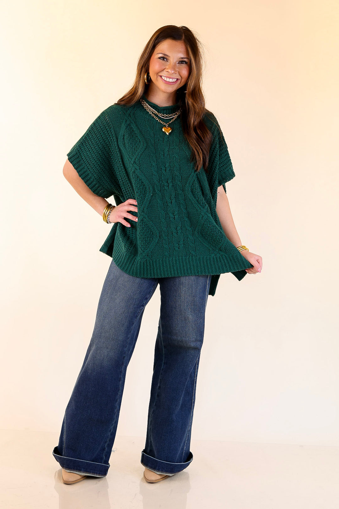 Mud Pie | Claude Oversized Cable Knit Dropped Shoulder Sweater in Forest Green