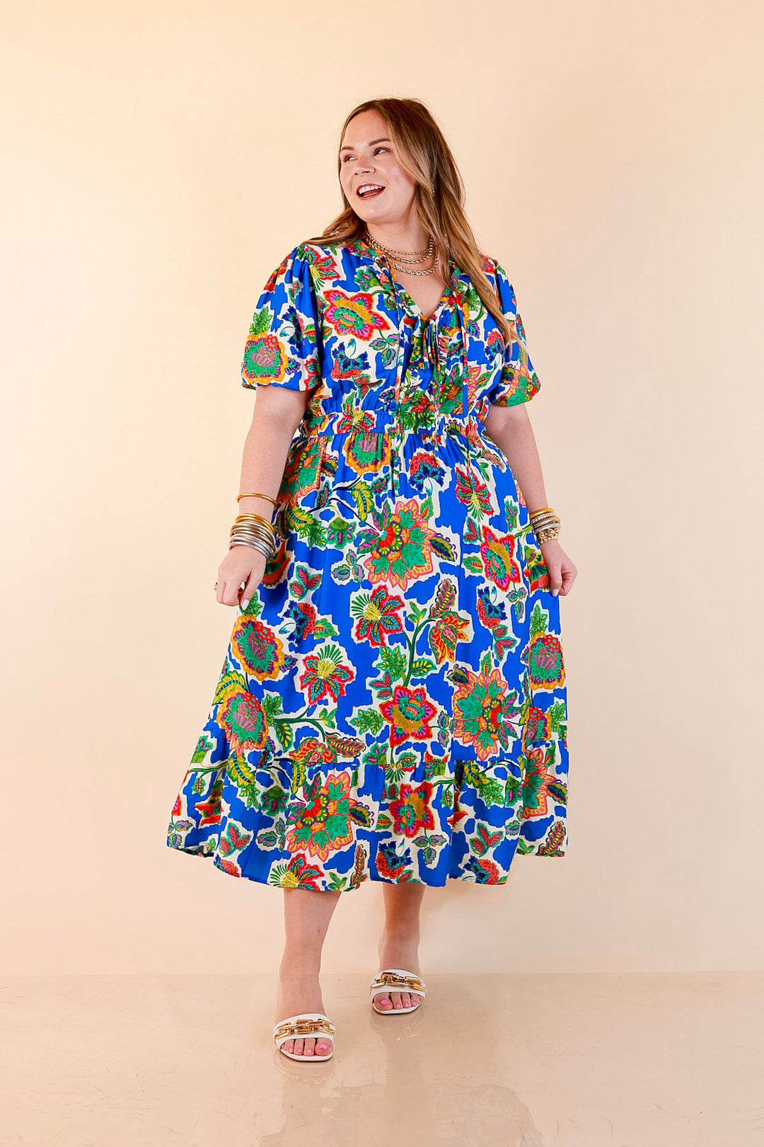 Color Me Happy Floral Print Midi Dress with Tie Neckline and Puff Sleeves in Royal Blue