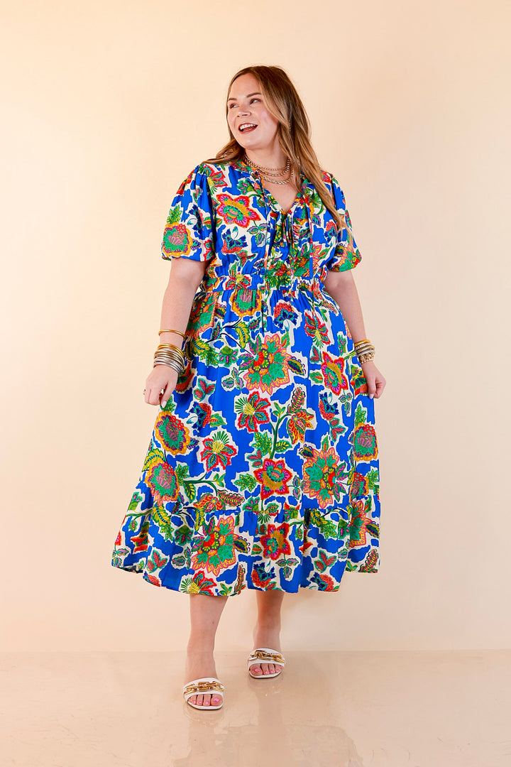 Color Me Happy Floral Print Midi Dress with Tie Neckline and Puff Sleeves in Royal Blue