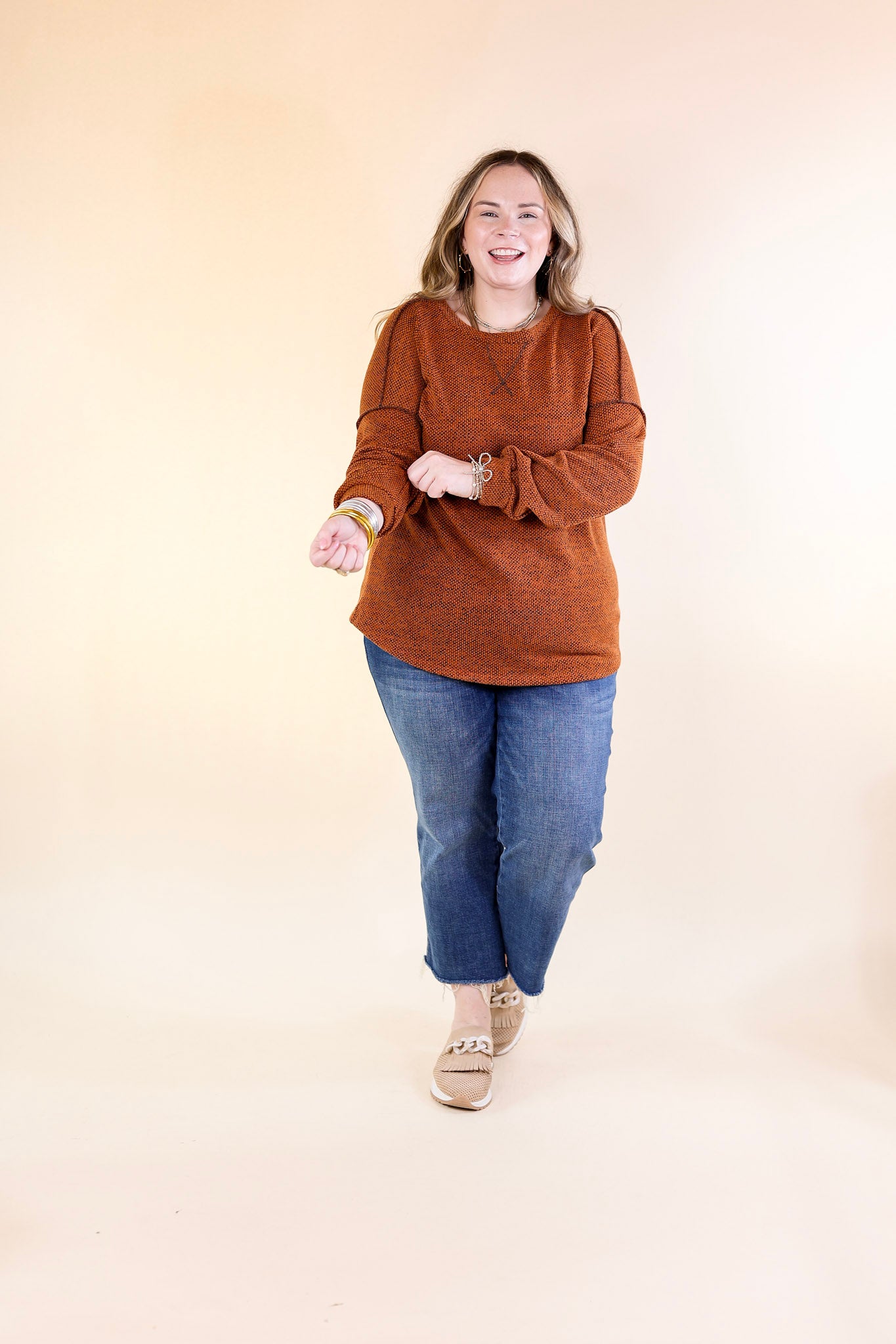 Fall Festival Long Sleeve Knit Top with Hem Detailing in Rust Orange