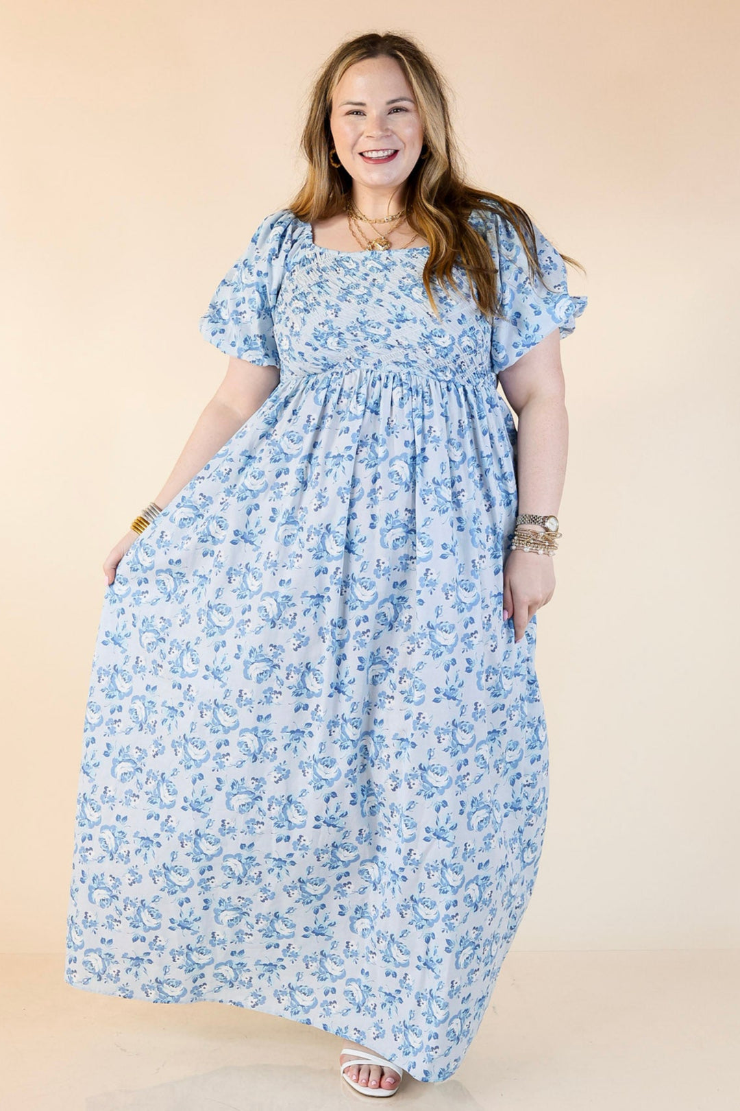 Floral Print Maxi Dress with Short Puff Sleeves in Blue Giddy Up Glamour Boutique Floral Print Maxi Dress with Short Puff Sleeves in Blue Giddy Up Glamour Boutique