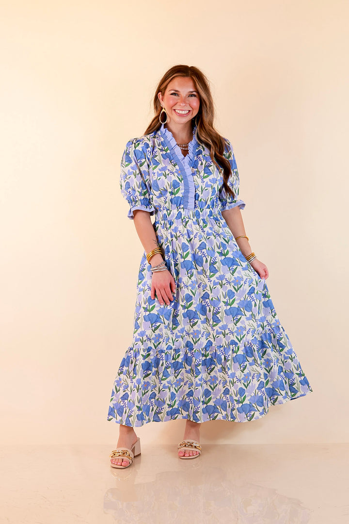 Gracefully Yours Floral Print Midi Dress with Contrast Ruffle Trim in Blue