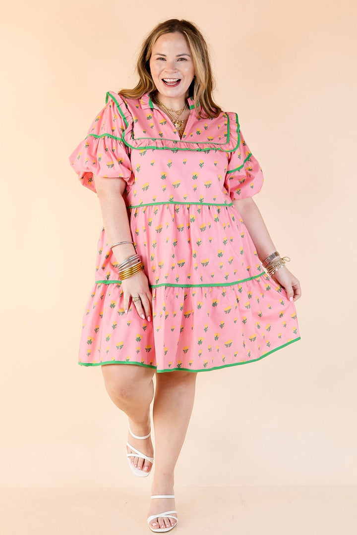 Pretty Please Floral Print Tiered Babydoll Dress in Pink
