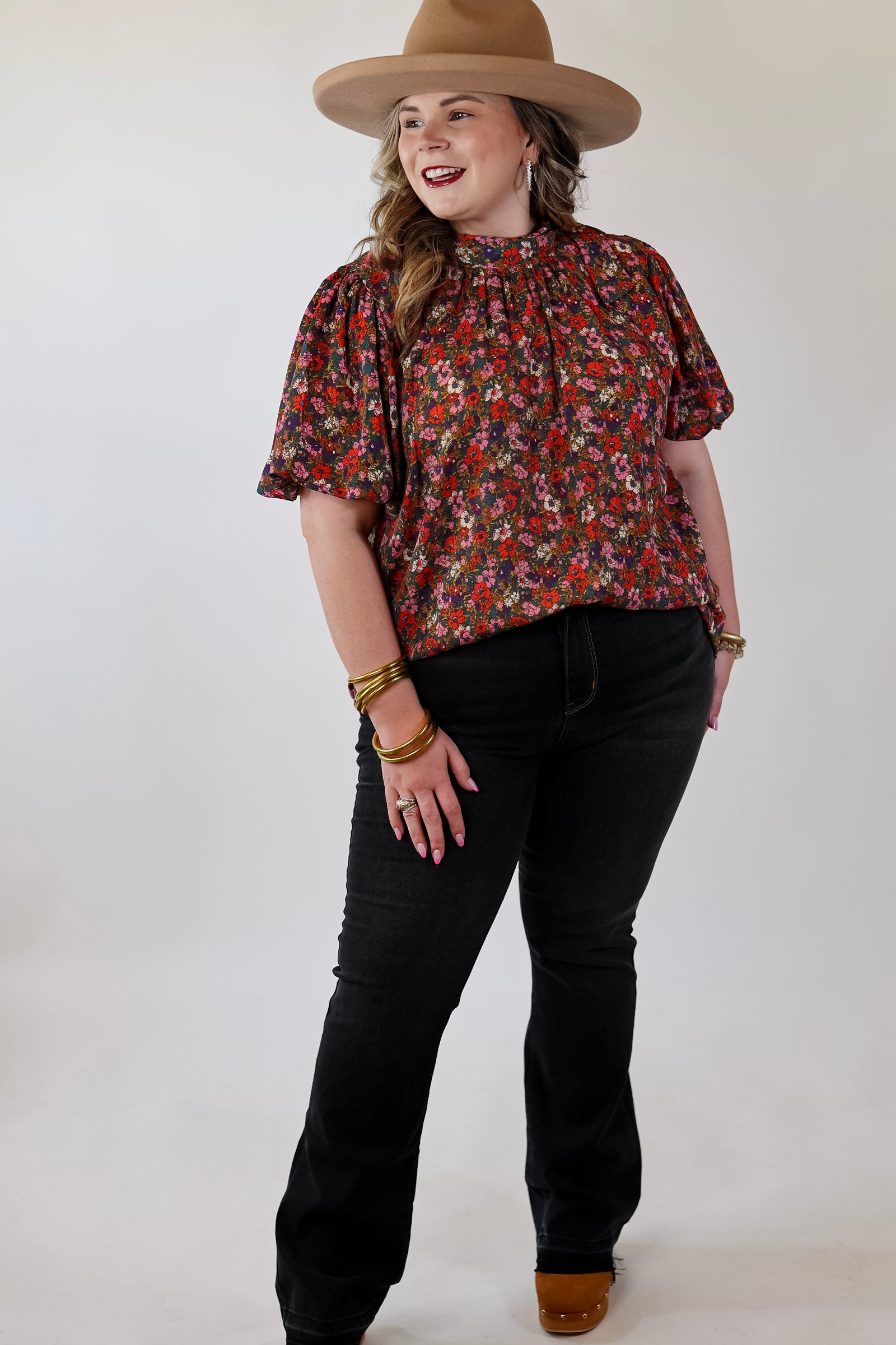 All Day Divine Mock Neck Floral Short Sleeve Top with Tie Back - Giddy Up Glamour Boutique