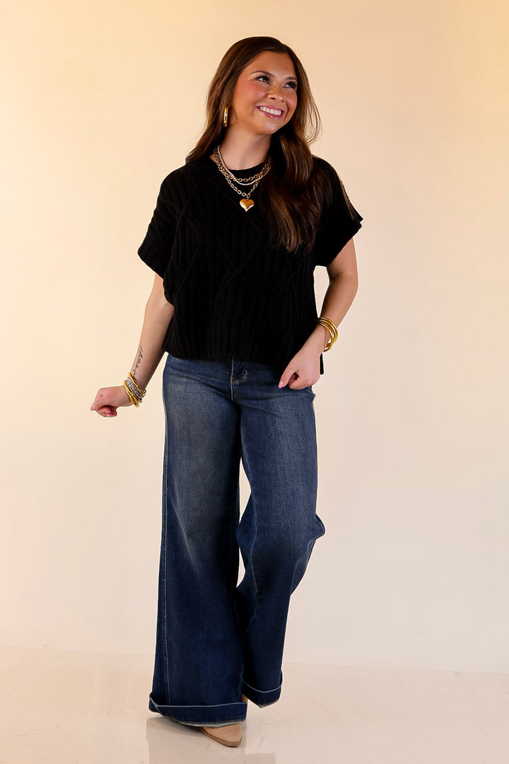 Knit to Last Cable Knit Short Sleeve Sweater Top in Black