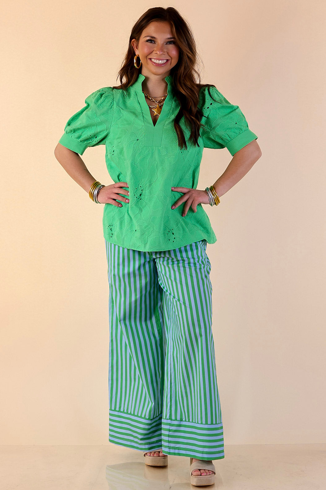 Weekend Energy Striped Drawstring Wide Leg Pants in Green and Blue