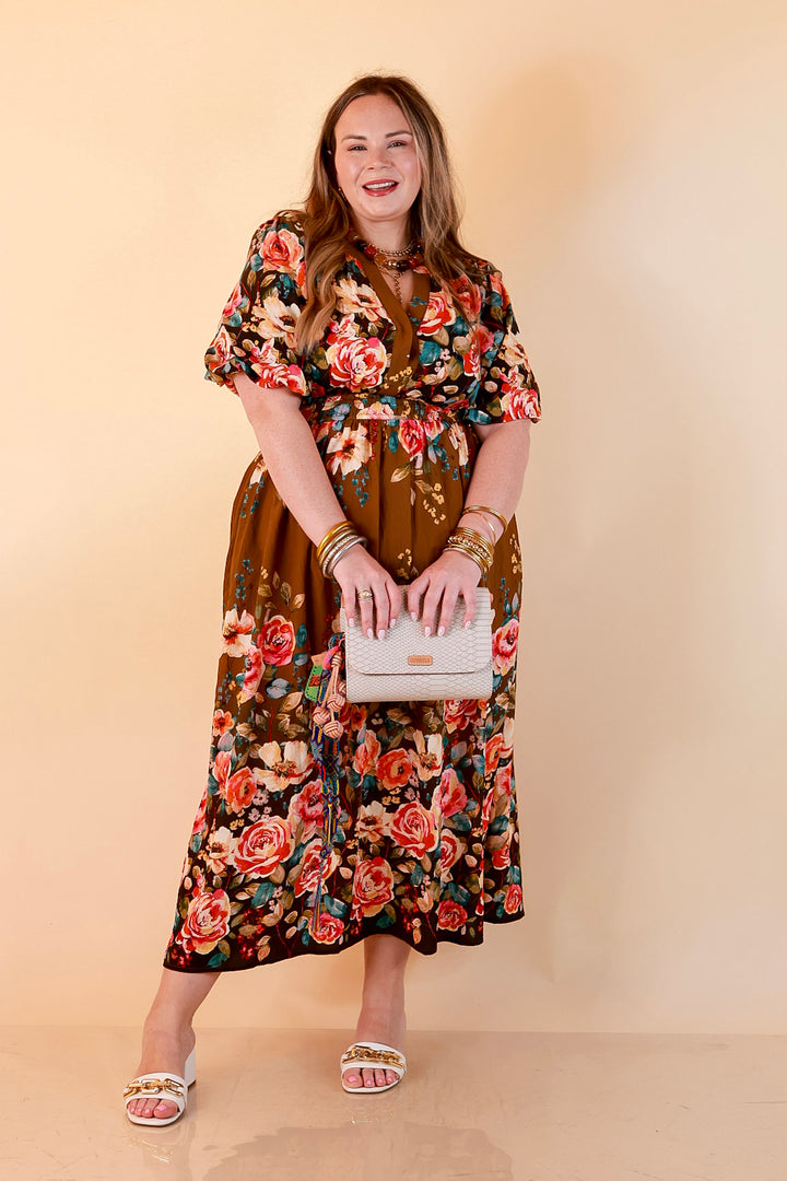 Brunch with the Girls Puff Sleeve Smocked Waist Floral Print Tiered Midi Dress in Chocolate Brown Multi