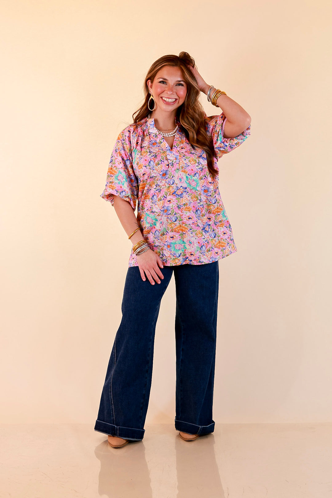 Blooming Beauty Floral Print V Neck Top with Smocked Neckline and Puff Sleeves in Pink Multi Color
