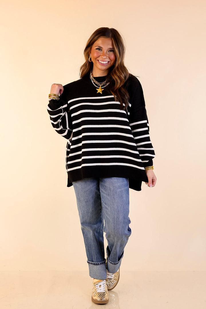 Snug and Stylish Mock Neck Striped Sweater with Side Slit in Black with Ivory Stripes