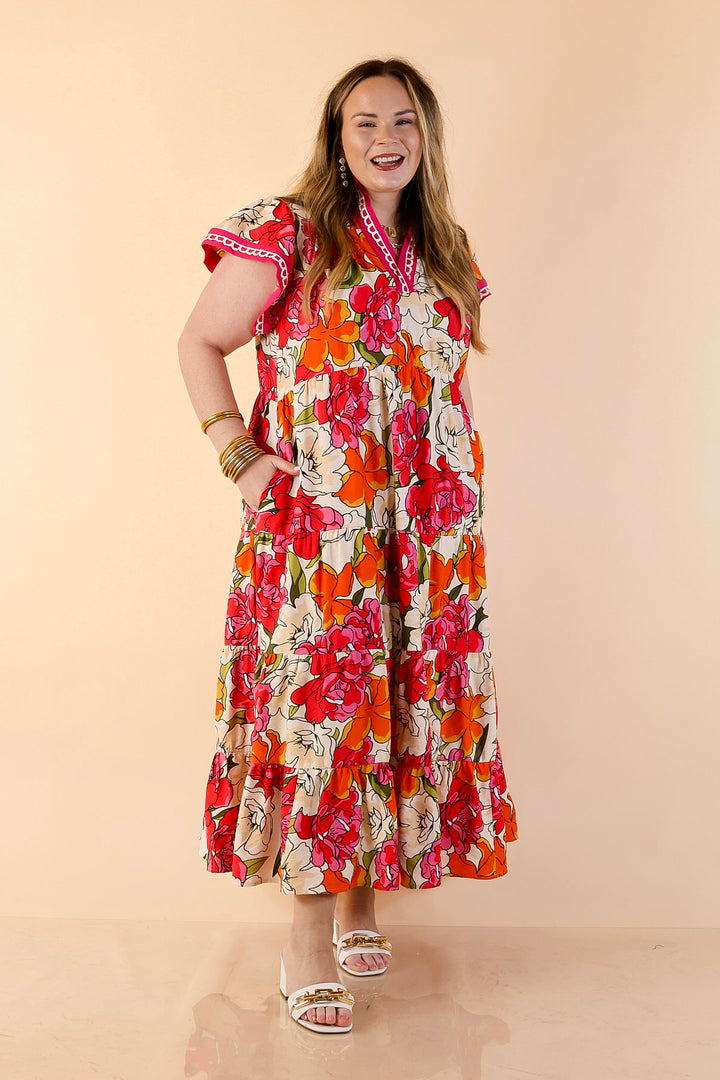 Spring Symphony Floral Print Tiered Midi Dress with Flutter Sleeves in Pink and Orange