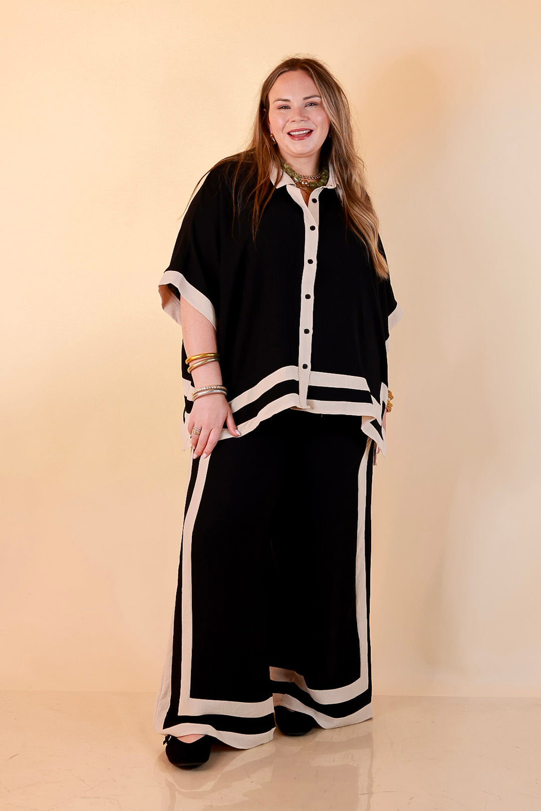 First Class Chic Button Front Collared Top with Matching Wide Leg Pants Set in Black and Ivory