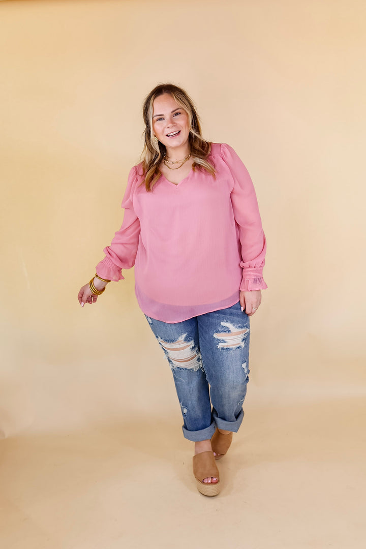 Casually Stunning V Neck Long Sleeve Blouse in Mauve Pink - Giddy Up Glamour Boutique