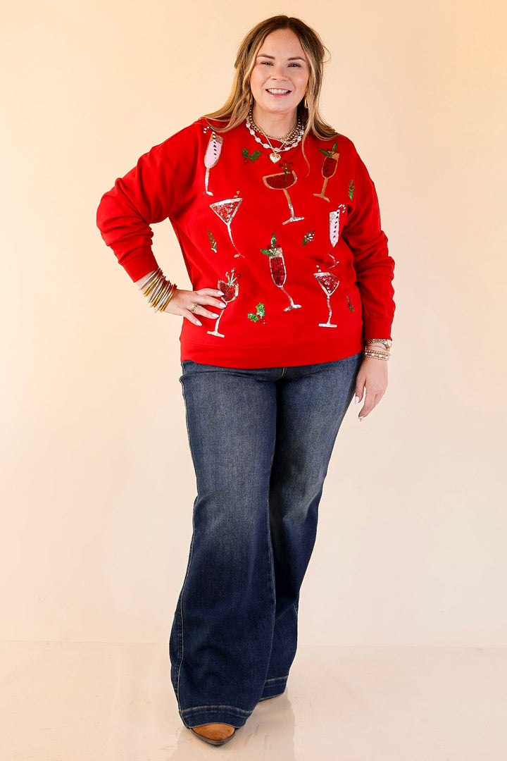 Mud Pie | Season's Sippings Oversized Sequin Cocktail Graphic Sweatshirt in Red