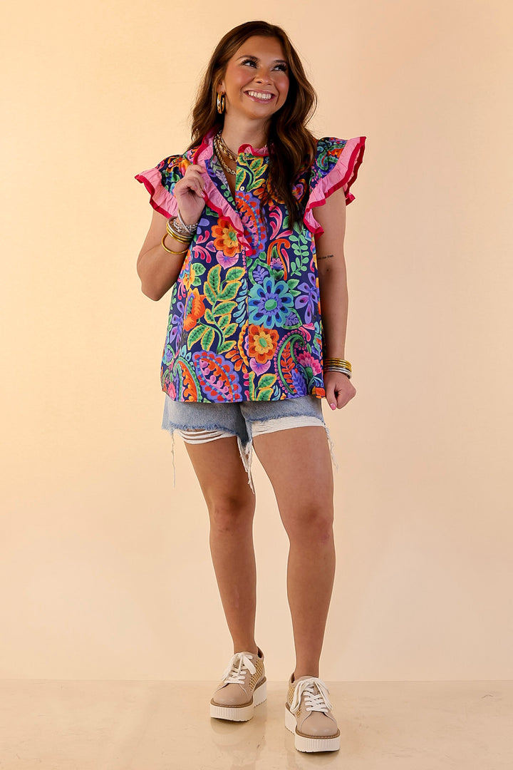 Flourish and Flow Paisley Floral Print Ruffle Flutter Sleeve Top with Split Neckline in Navy Blue