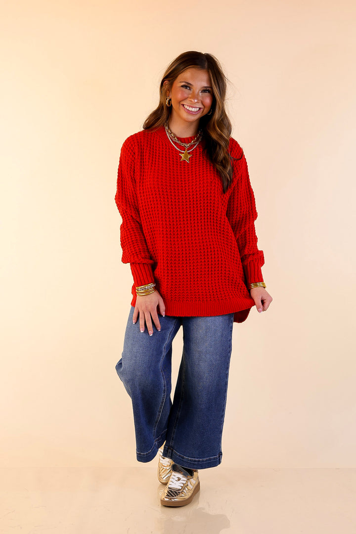 Cool Day Classic Scoop Neck Long Sleeve Large Waffle Knit Sweater in Red