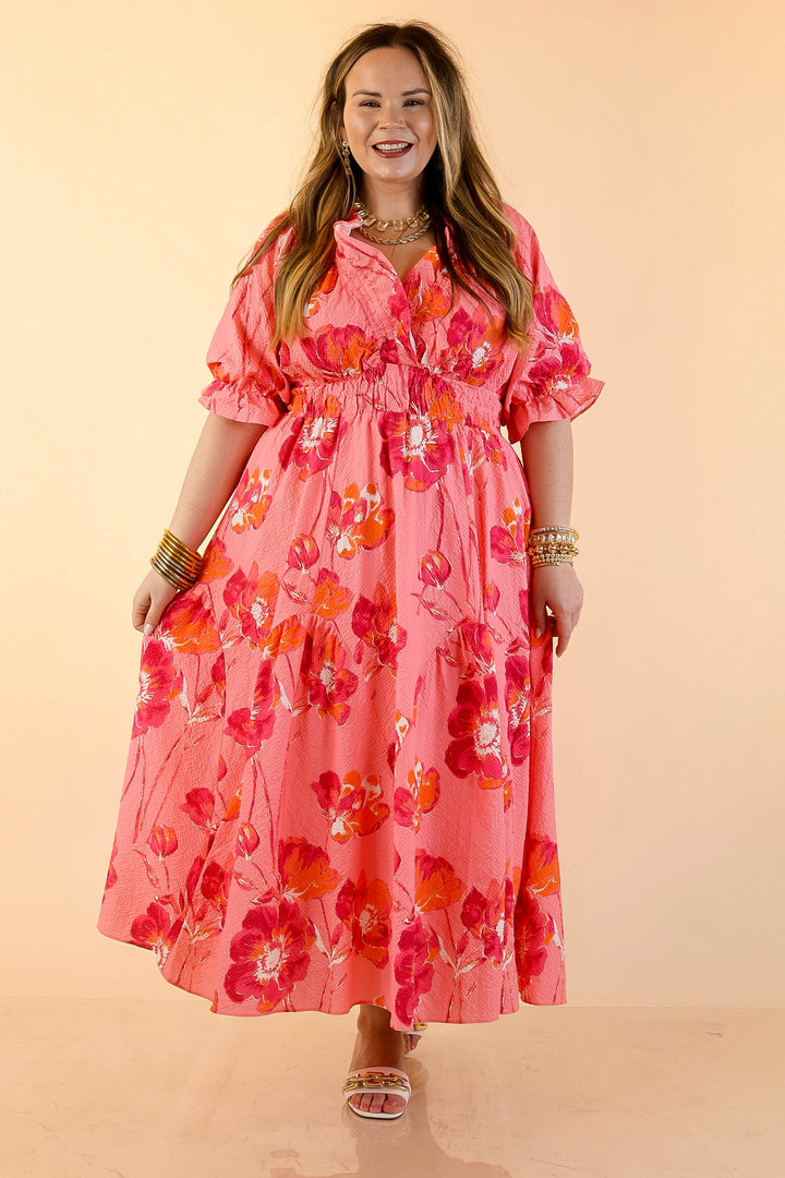 Breezy Belle Floral Print Textured Puff Sleeve Midi Dress with Smocked Waist in Pink Mix