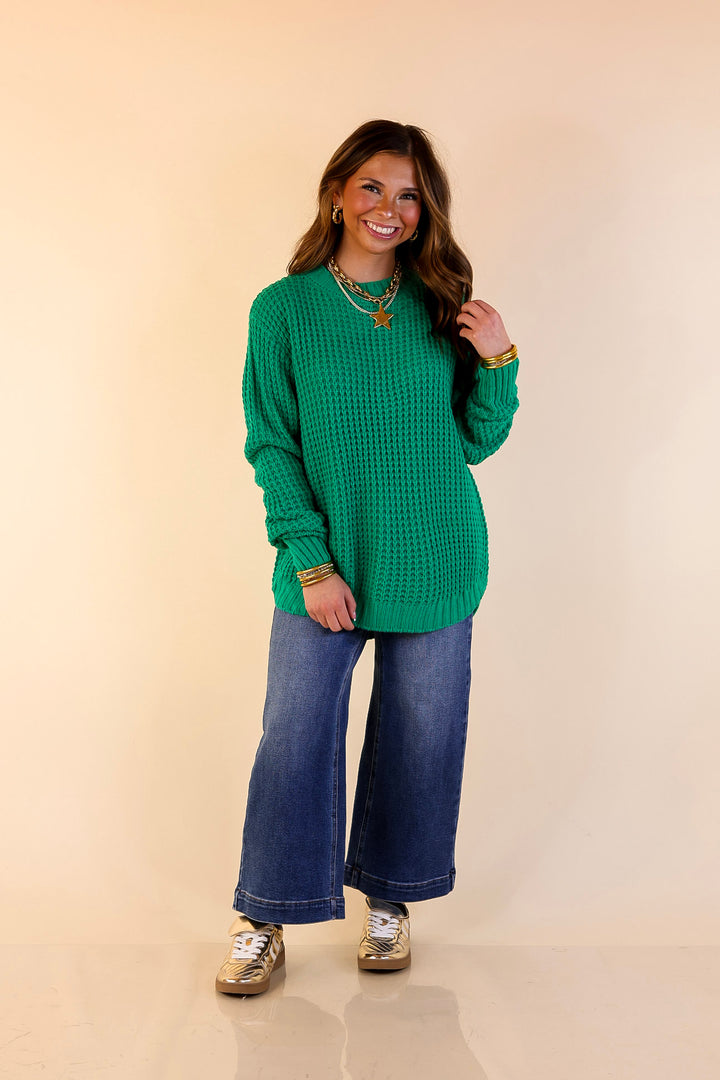 Cool Day Classic Scoop Neck Long Sleeve Large Waffle Knit Sweater in Kelly Green