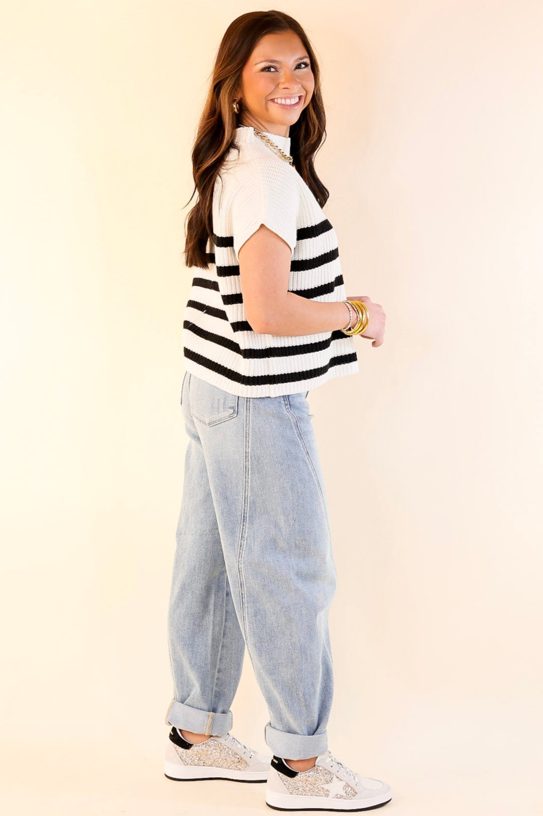 Repeat Worthy Striped Cap Sleeve Cropped Sweater with Front Pocket in Ivory