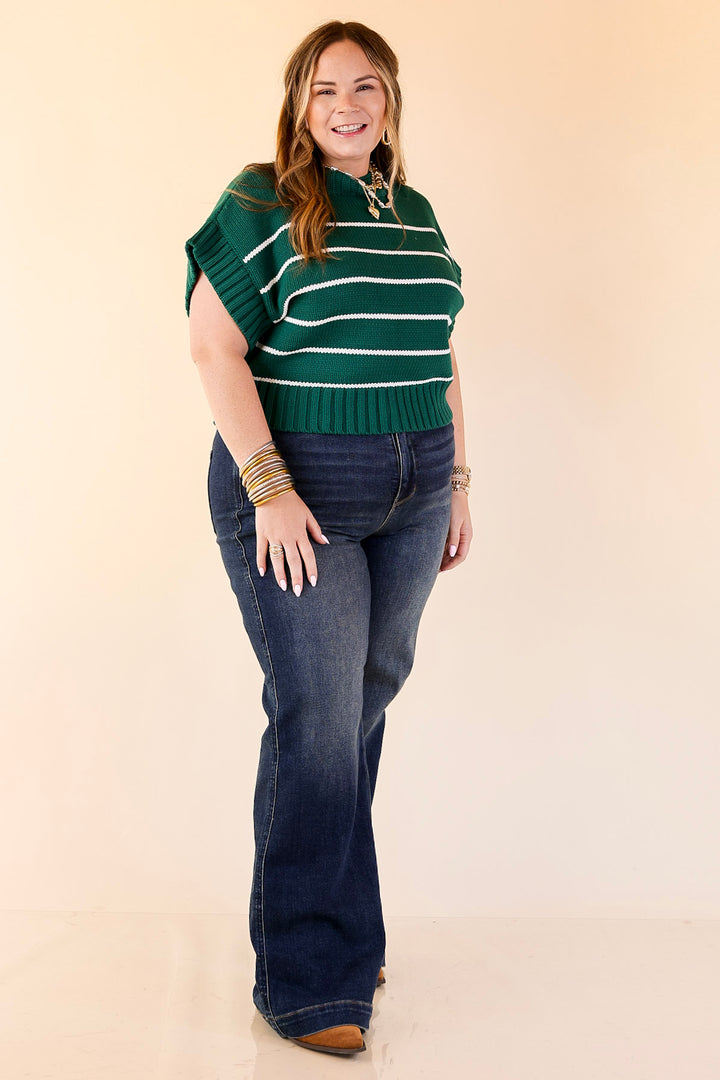 Sweet in Stripes Short Sleeve Striped Mock Neck Sweater in Forest Green