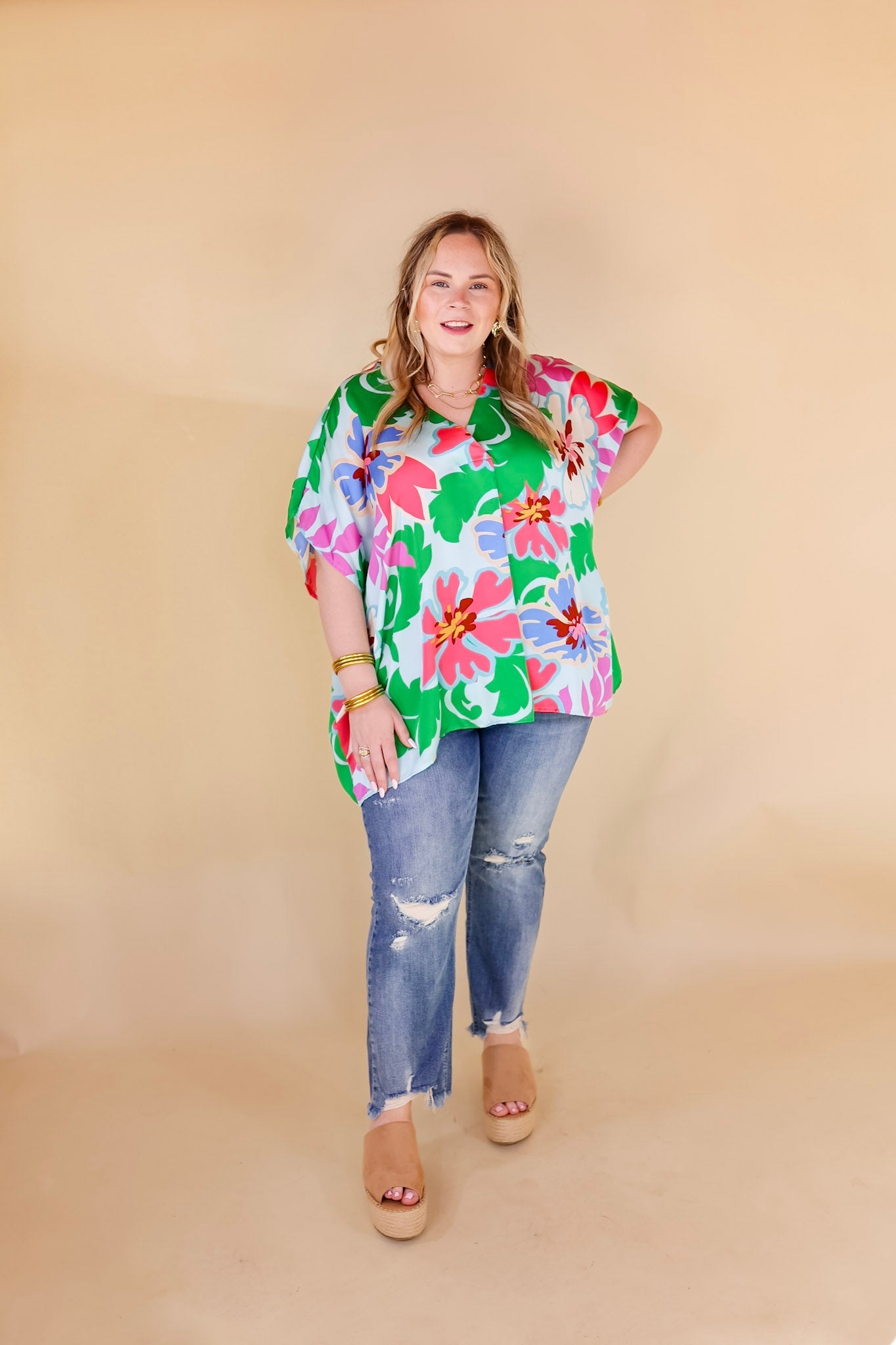 Weekend Out V Neck Placket Floral Short Sleeve Top in Light Blue Mix - Giddy Up Glamour Boutique