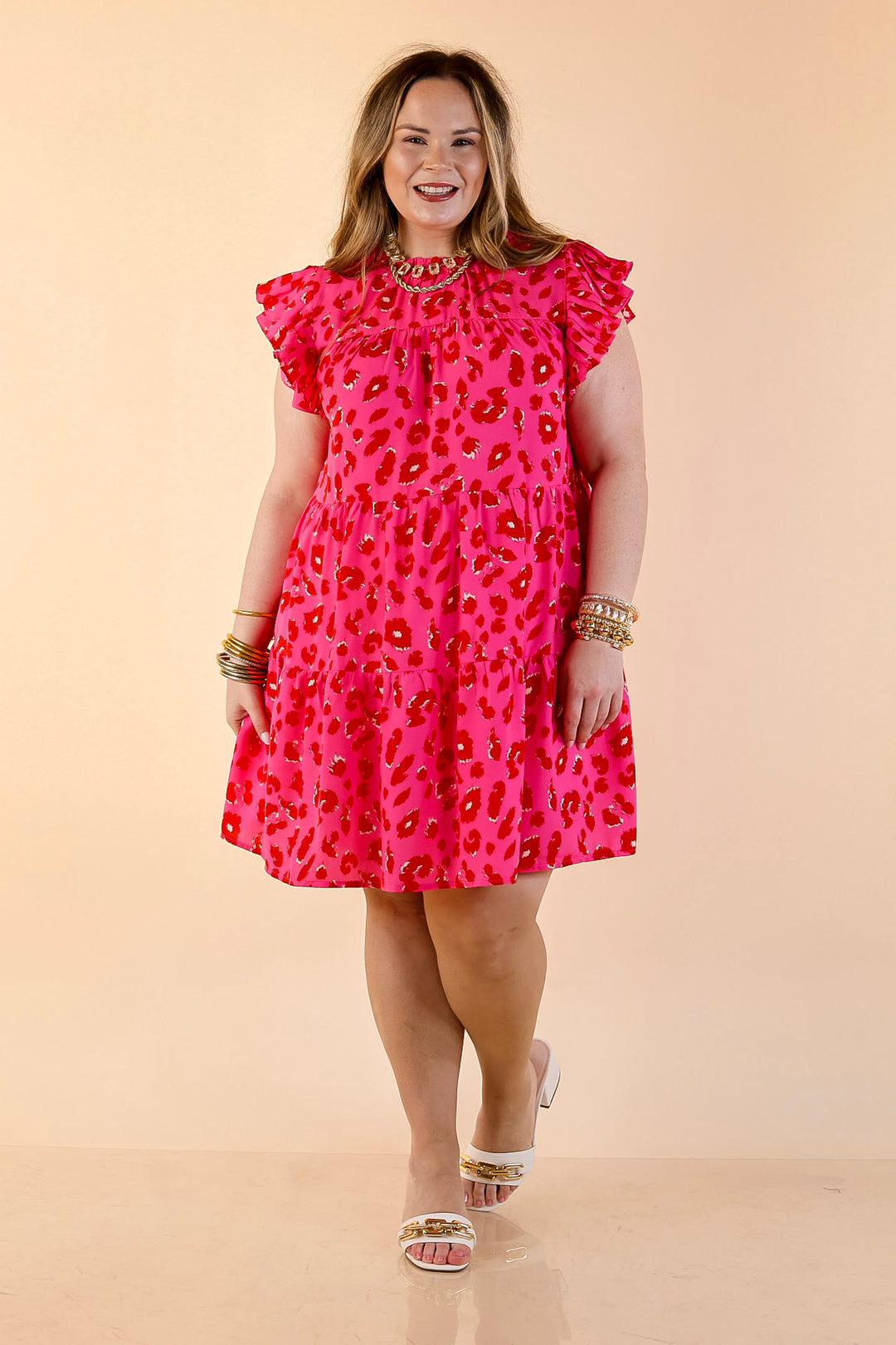 Daring and Delightful Leopard Print Dress with Ruffle Cap Sleeves in Pink and Red