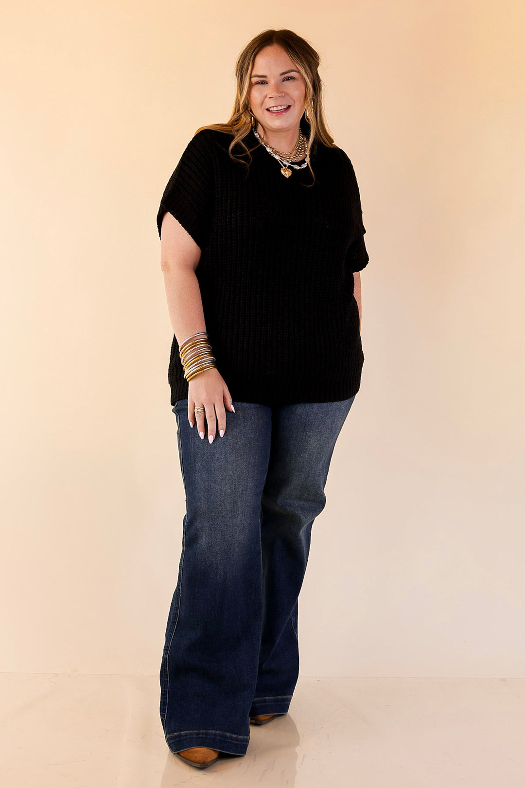 Tried and True Short Sleeve Oversized Knit Sweater in Black