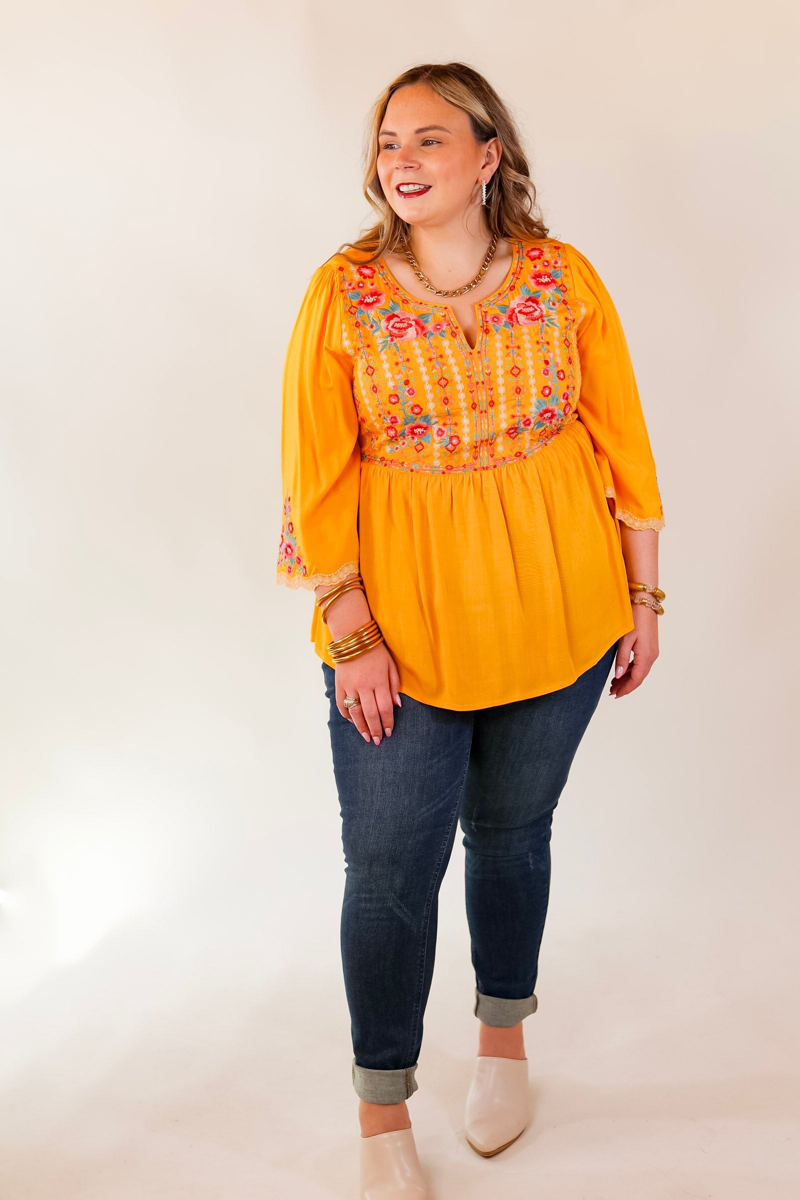 Already Mine 3/4 Bell Sleeve Embroidered Babydoll Top in Yellow - Giddy Up Glamour Boutique