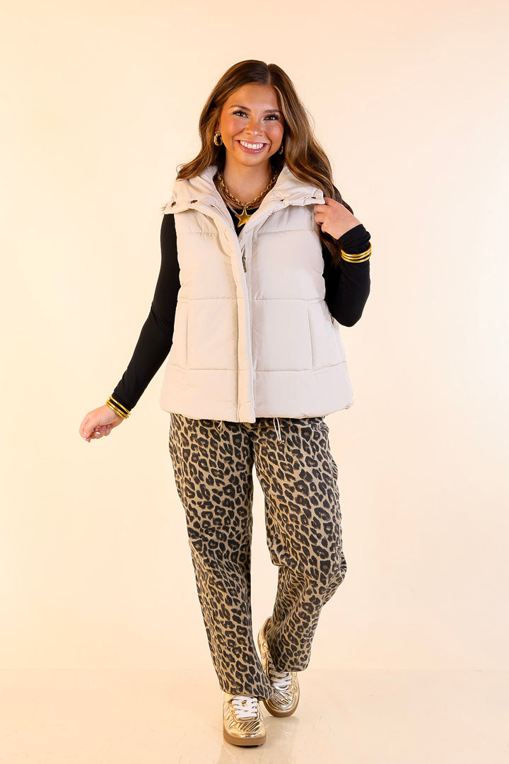 Evergreen Escape High Neck Puffer Vest in Cream