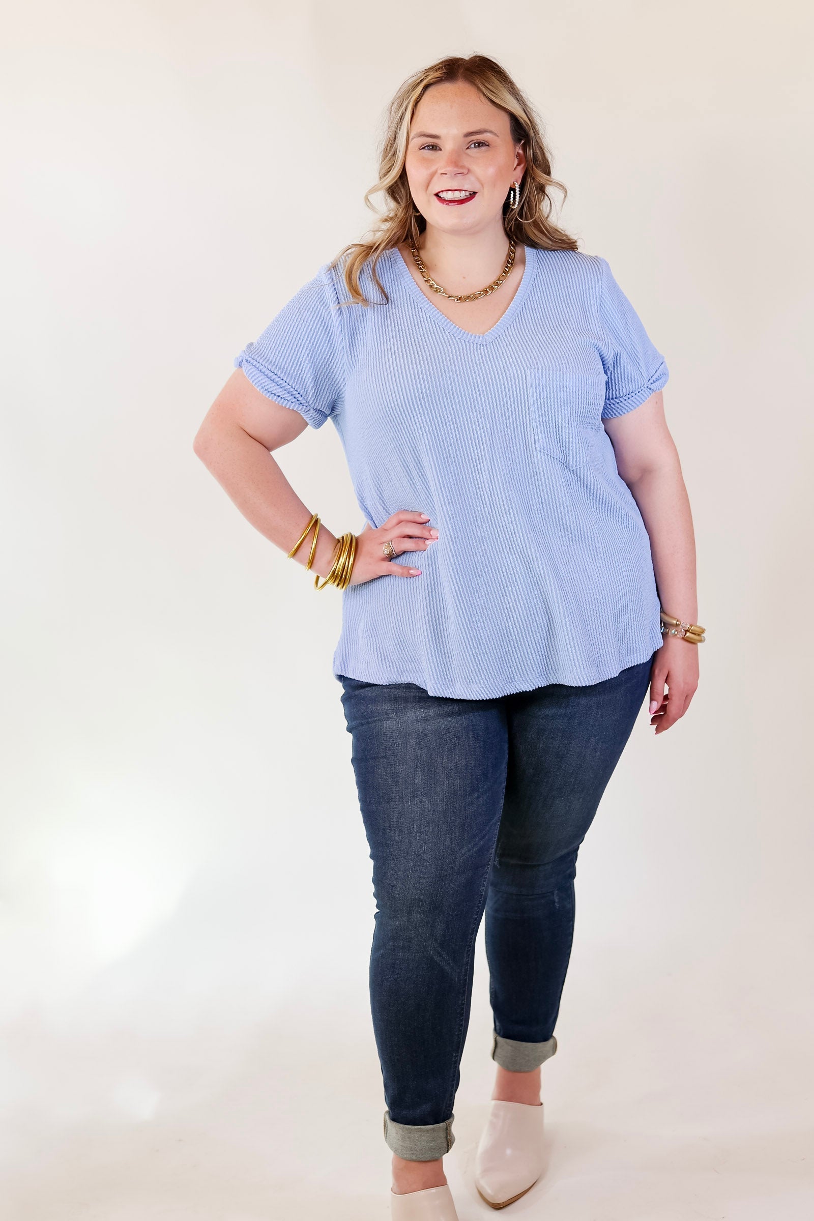 Only True Love Ribbed Short Sleeve Top with Front Pocket in Serenity Blue - Giddy Up Glamour Boutique