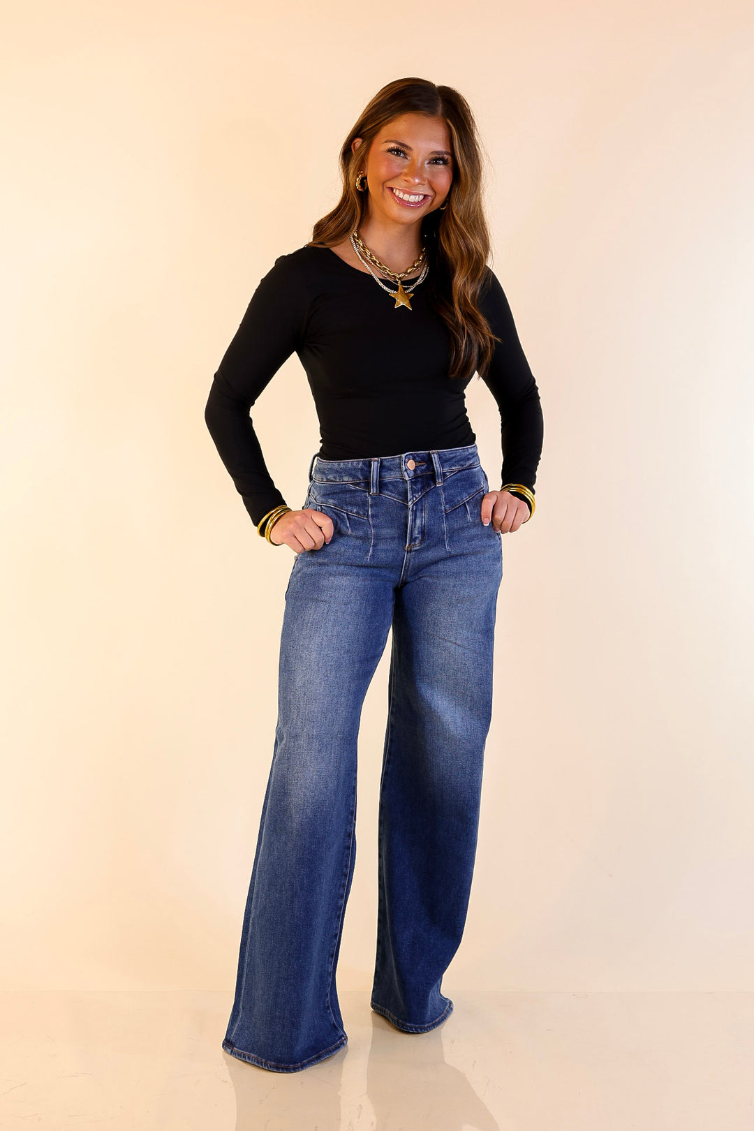 Risen | Rocky Mountain Retreat 90's Inspired Wide Leg Front Yoke Seam Detail Jeans in Dark Wash