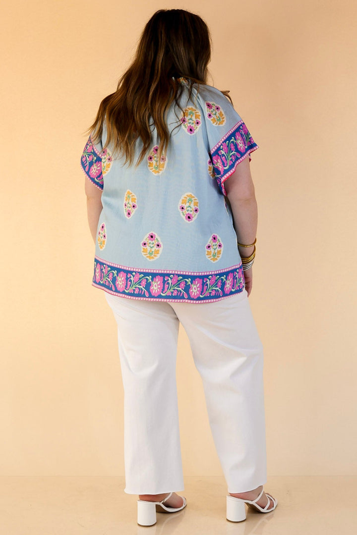 Blossom in Blue Floral Print A-Line Top in Blue and Pink Mix