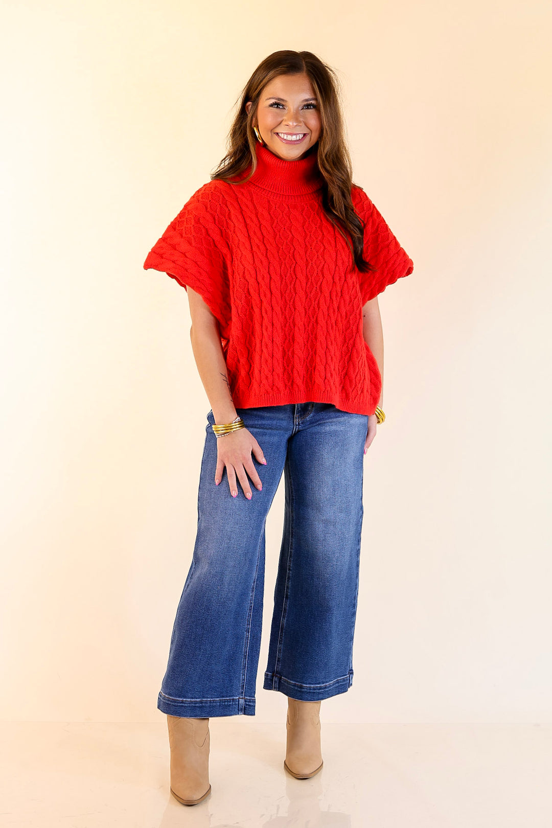 Knit to Be Cable Knit Turtleneck Sweater in Red