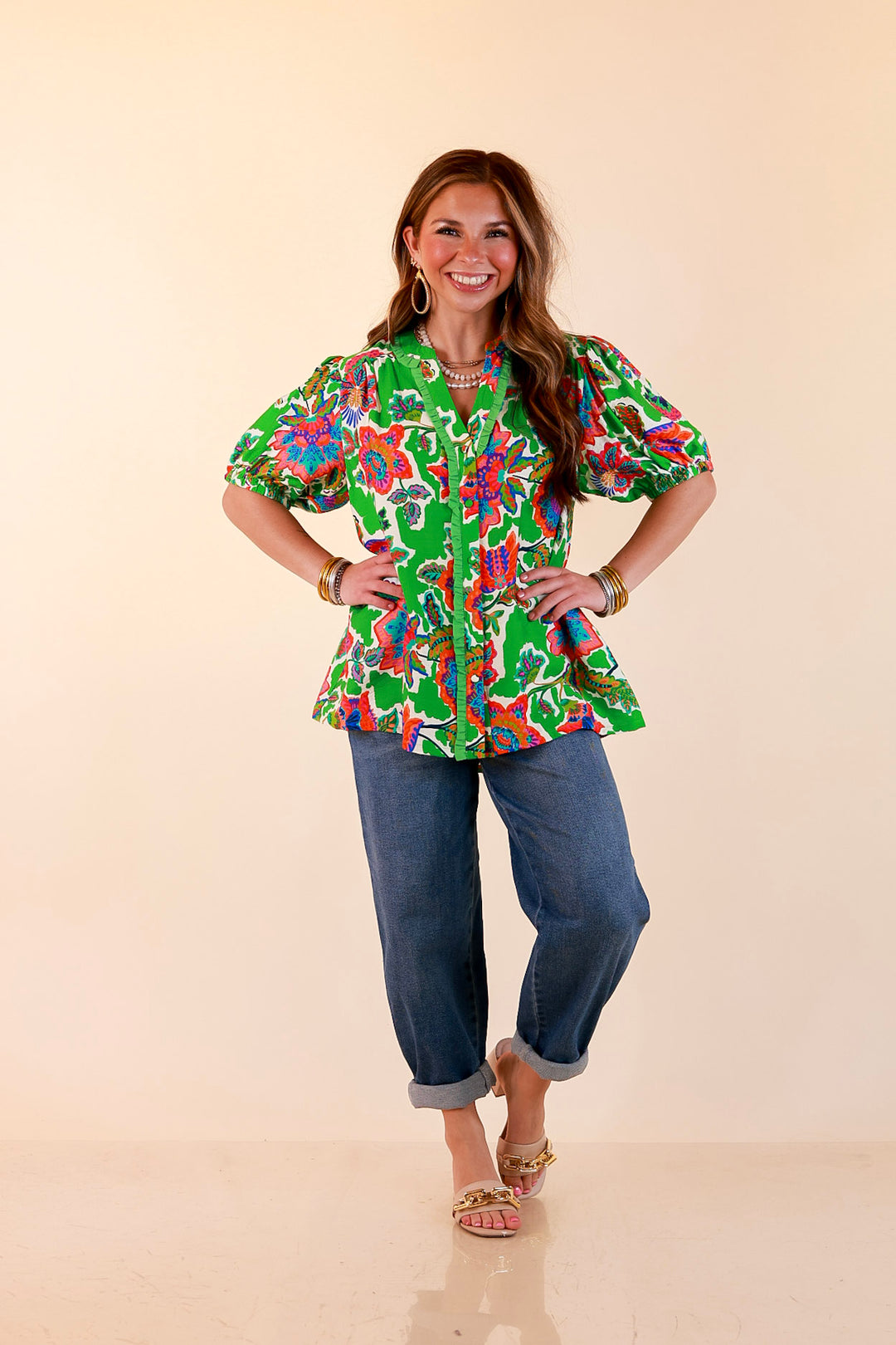 Petal Pop Floral Print Ruffle Front Button Up Top with Puff Sleeves in Green