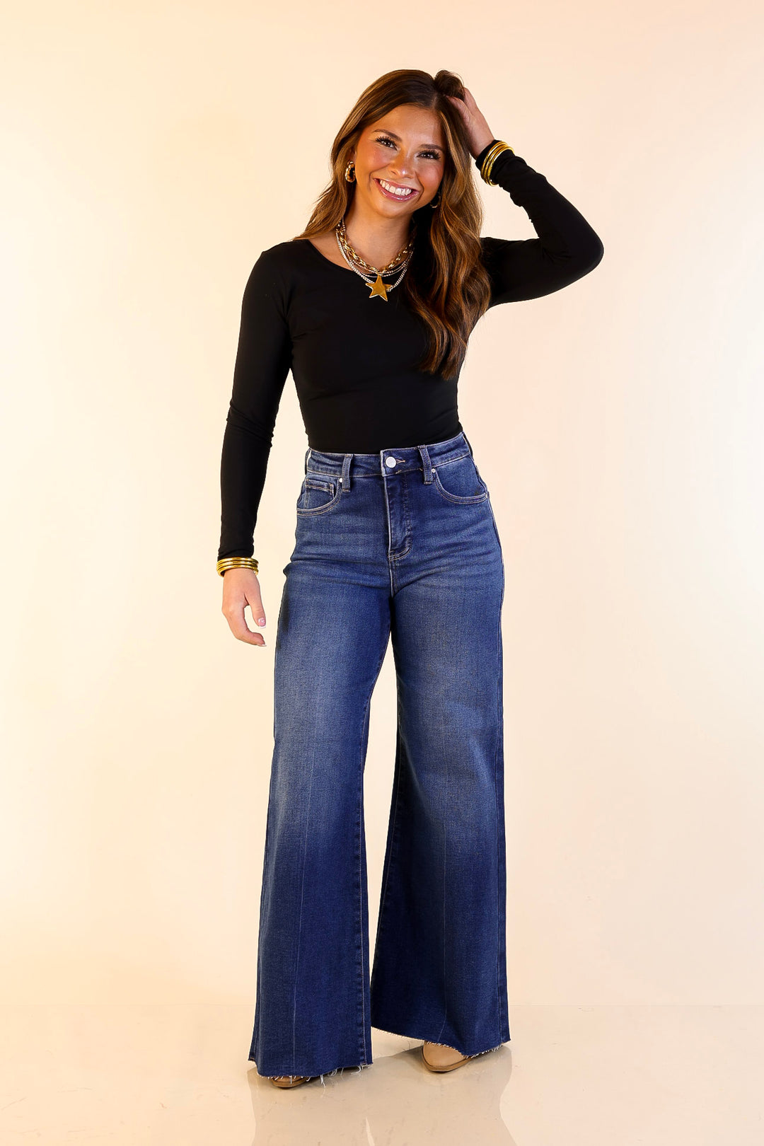 Risen | Signature Silhouette Wide Leg Raw Hem Palazzo Jeans in Dark Wash