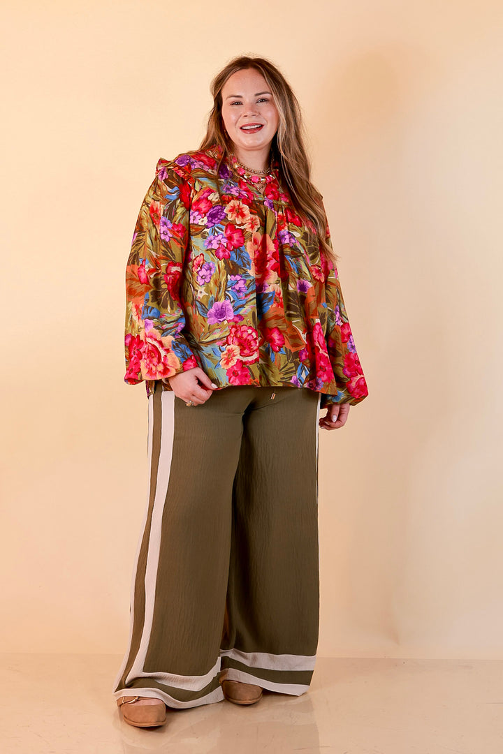 Garden Social Long Sleeve Ruffle Shoulder V-Neck Flowy Floral Print Blouse in Olive Green Multi